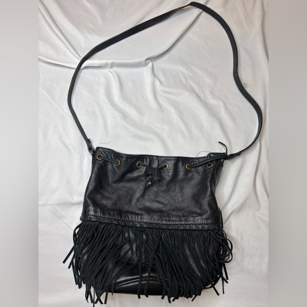 Vintage leather Black Leather Fringe Crossbody Purse - ecote